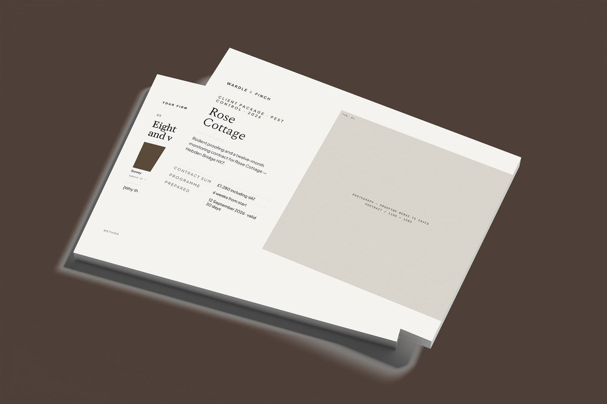 Pest Control Client Package, Standard colourway, stacked books mockup