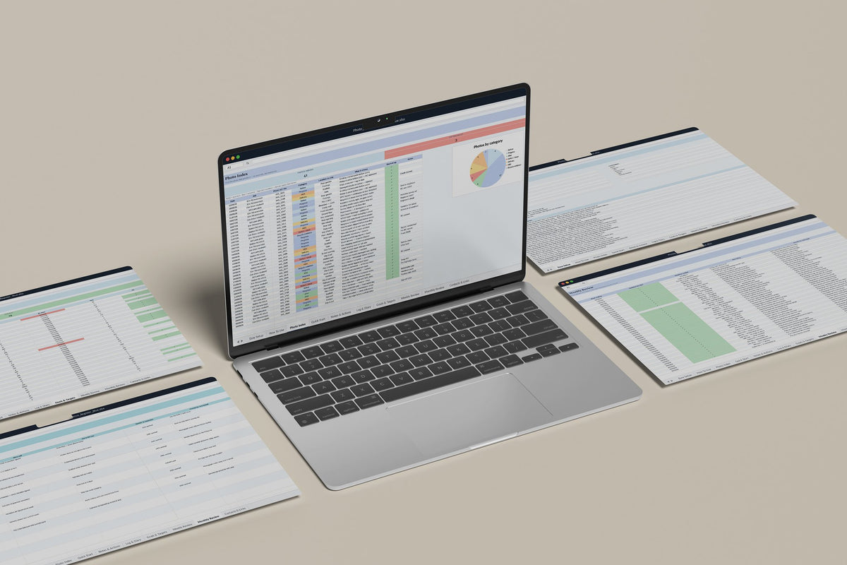 Photo Evidence Register Excel template, Photo Index tab on a laptop screen
