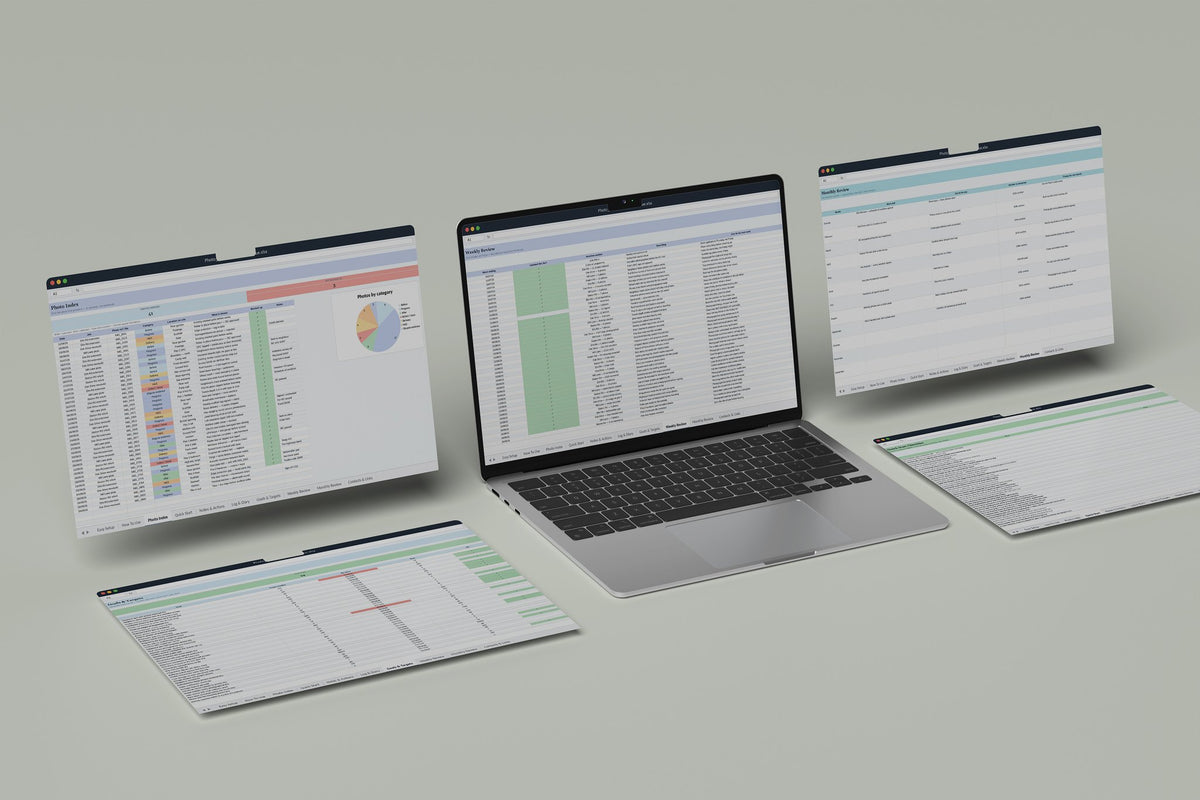 Photo Evidence Register Excel template, Weekly Review tab on a laptop screen