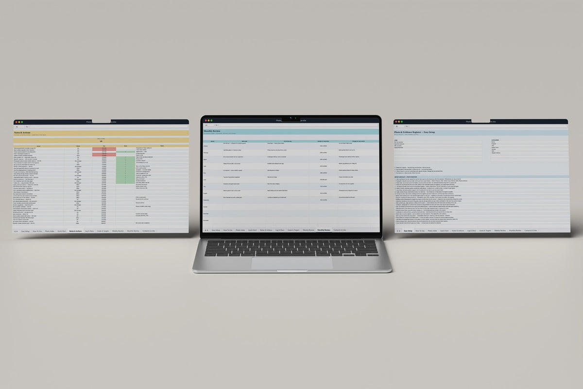 Photo Evidence Register Excel template, Monthly Review tab on a laptop screen