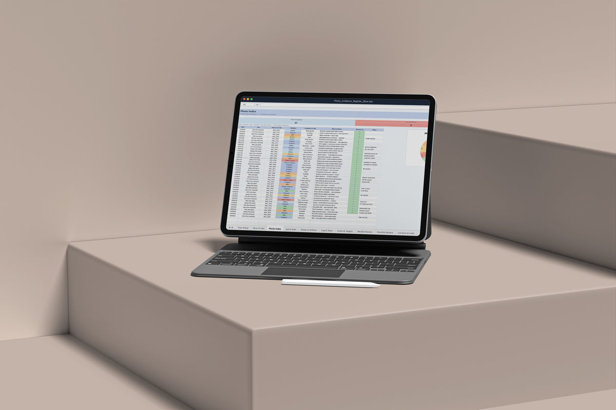 Photo Evidence Register Excel template on an iPad with keyboard