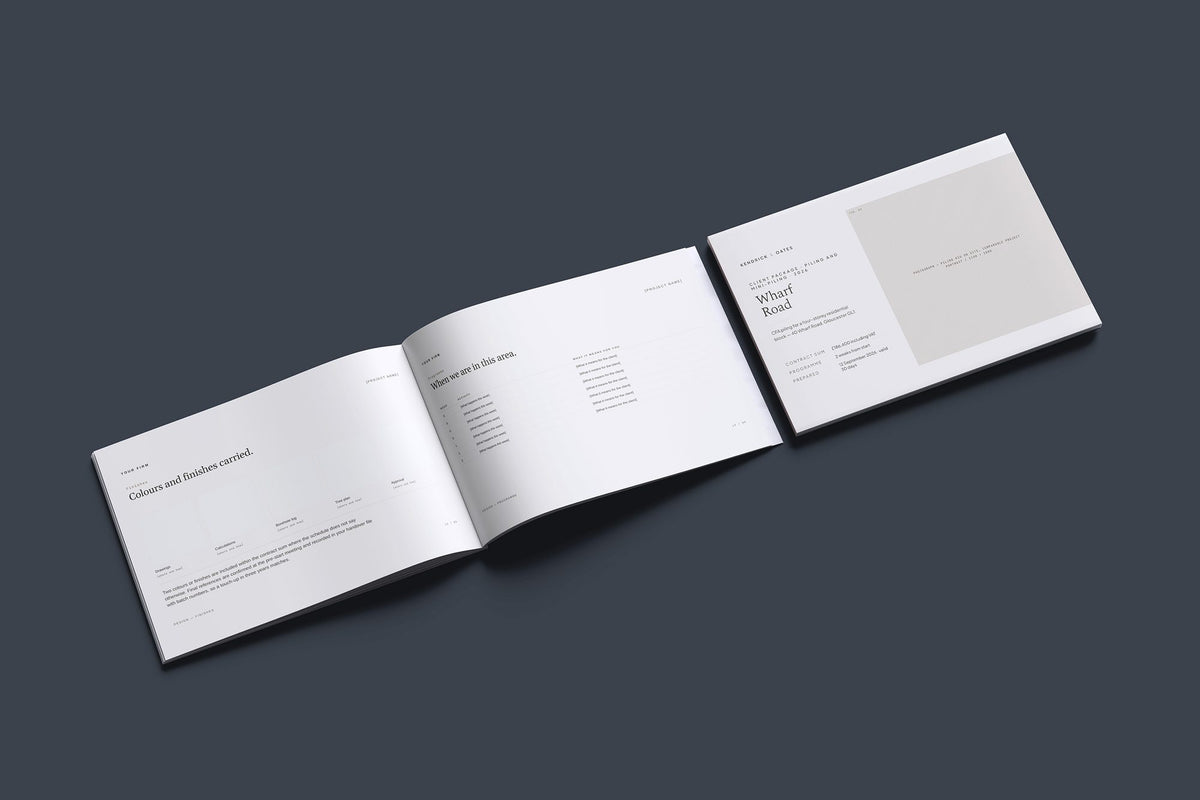 Piling Client Package, Oat colourway, cover and inside spread mockup