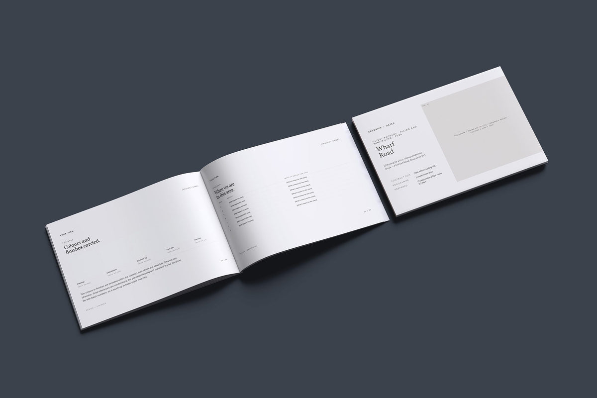 Piling Client Package, Standard colourway, cover and inside spread mockup