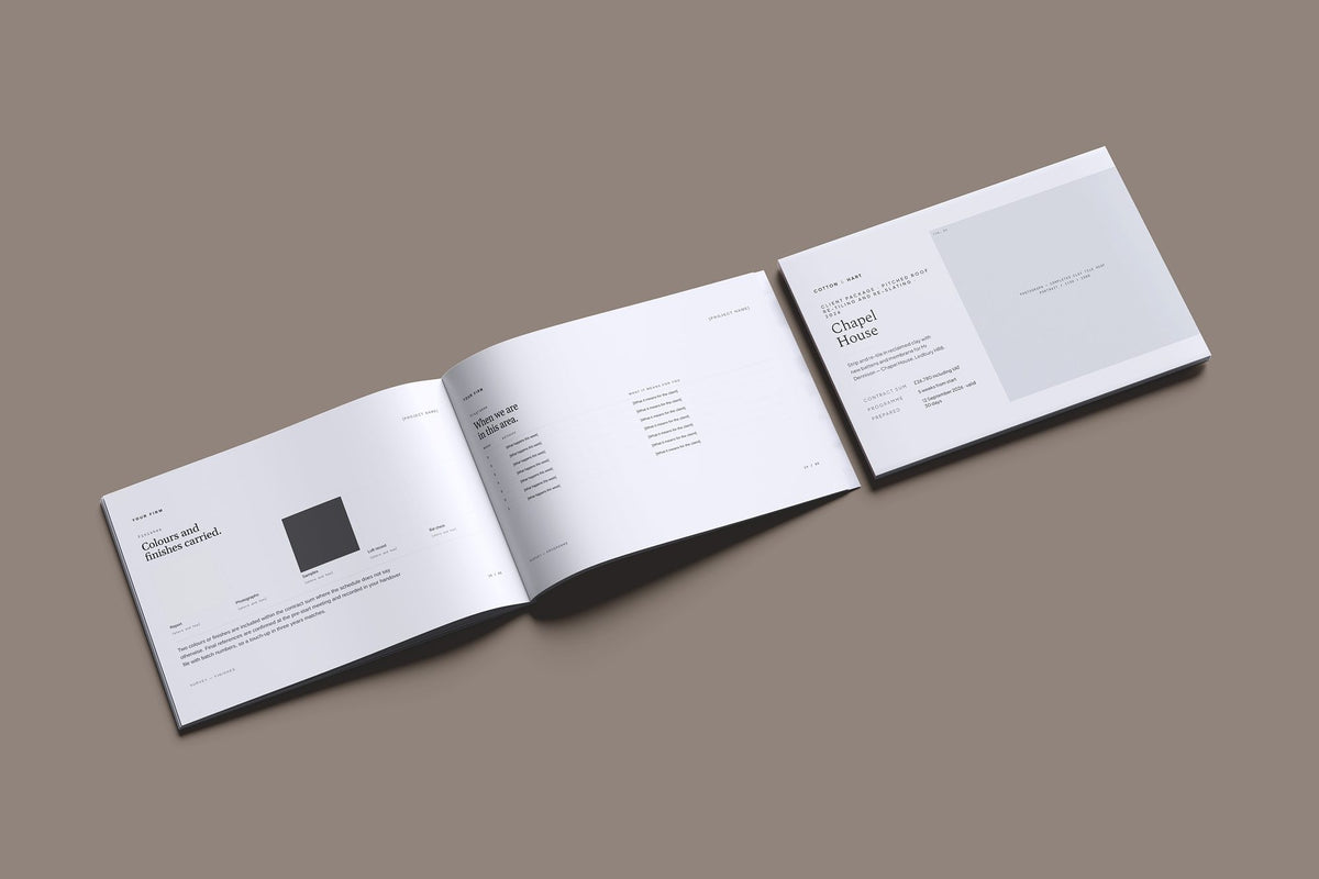 Pitched Roof Re-tiling Client Package, Slate colourway, cover and inside spread mockup