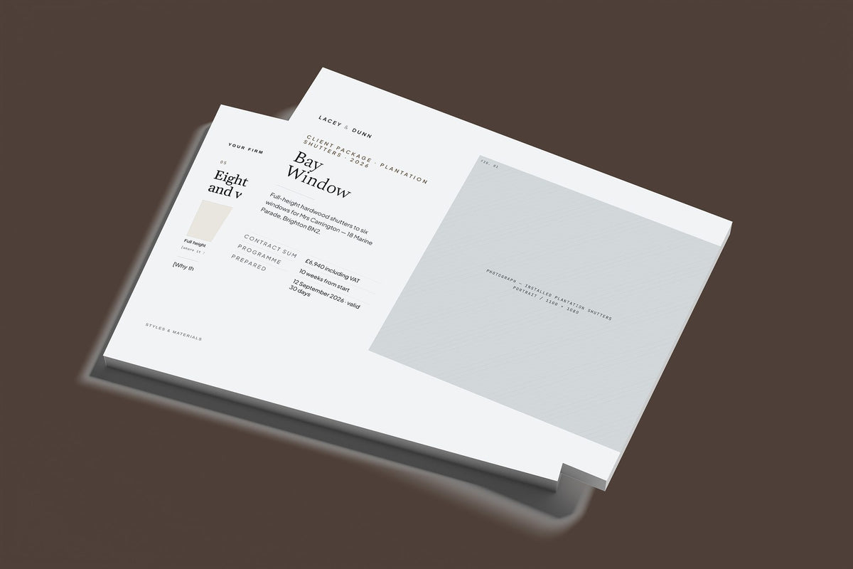 Plantation Shutters Client Package, Slate colourway, stacked books mockup