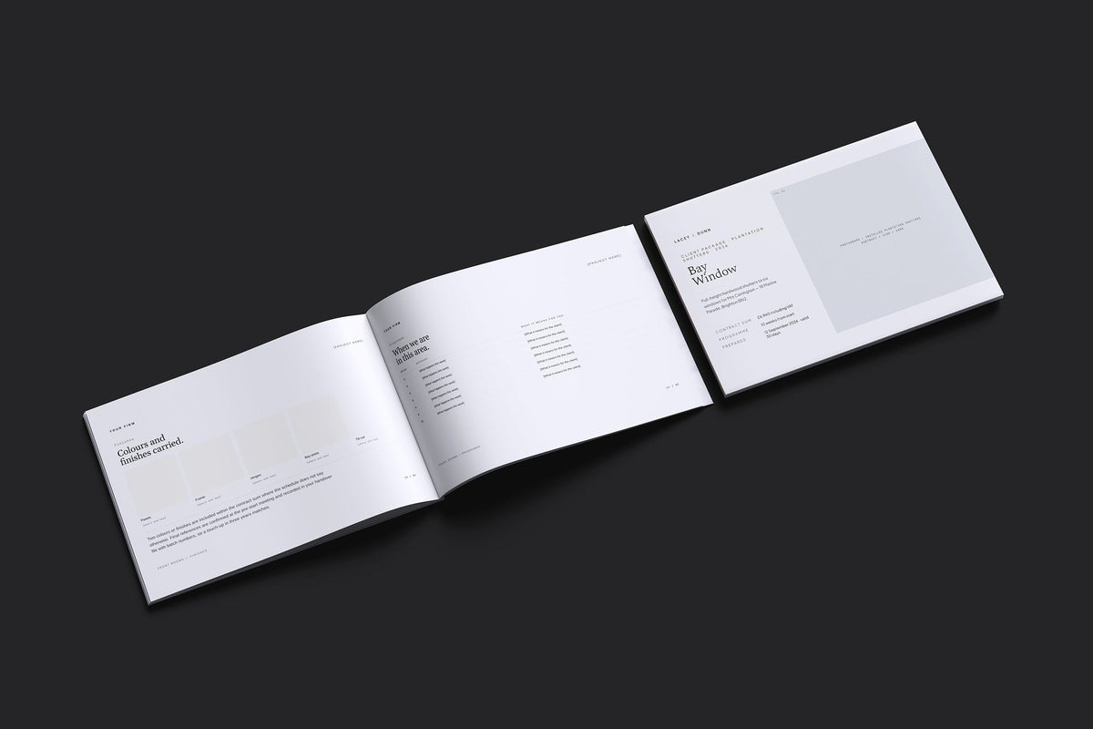 Plantation Shutters Client Package, Slate colourway, cover and inside spread mockup