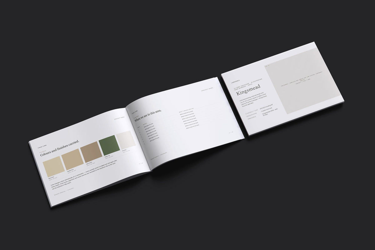Plasterer Client Package, Oat colourway, cover and inside spread mockup
