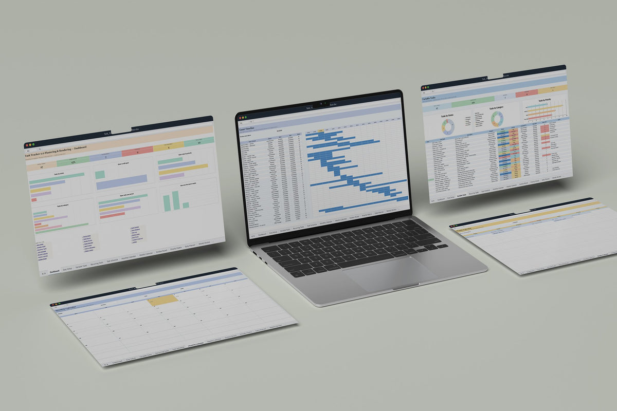 Plastering Task Tracker 2.0 Excel template, Gantt Timeline tab on a laptop screen