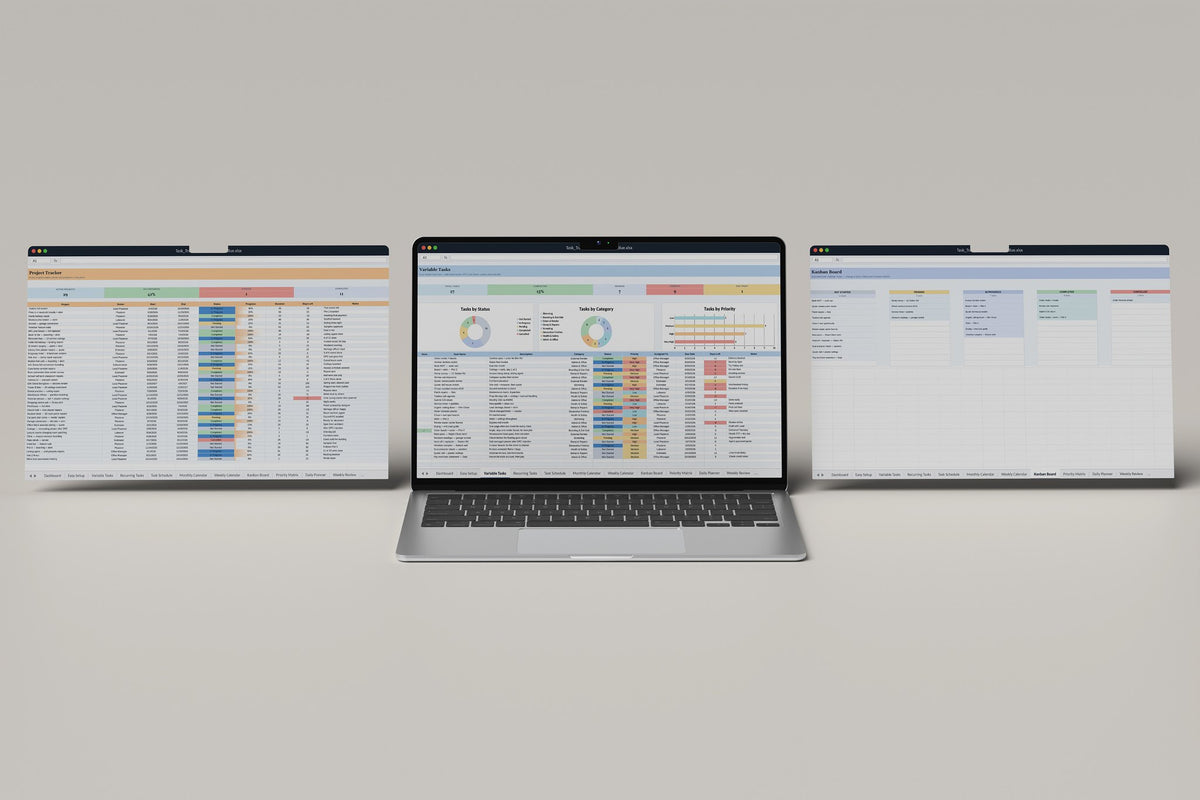 Plastering Task Tracker 2.0 Excel template, Variable Tasks tab on a laptop screen
