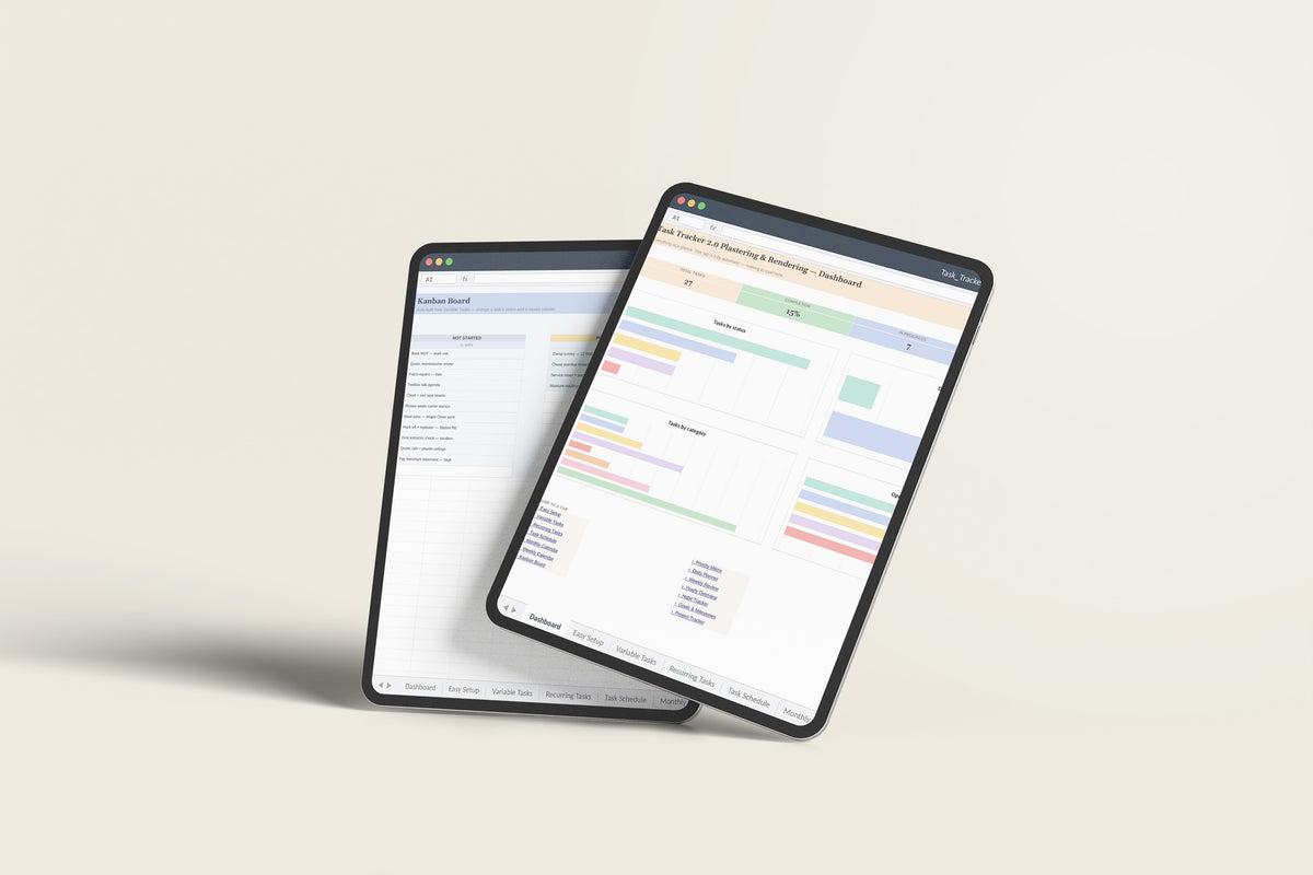 Task Tracker 2.0 - Plastering Excel template on an iPad Pro