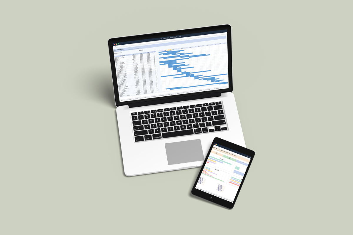Task Tracker 2.0 - Plastering Excel template on a MacBook and iPad, second view