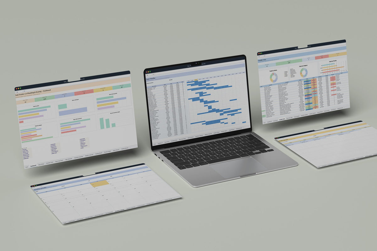 Plumbing and Heating Task Tracker 2.0 Excel template, Gantt Timeline tab on a laptop screen