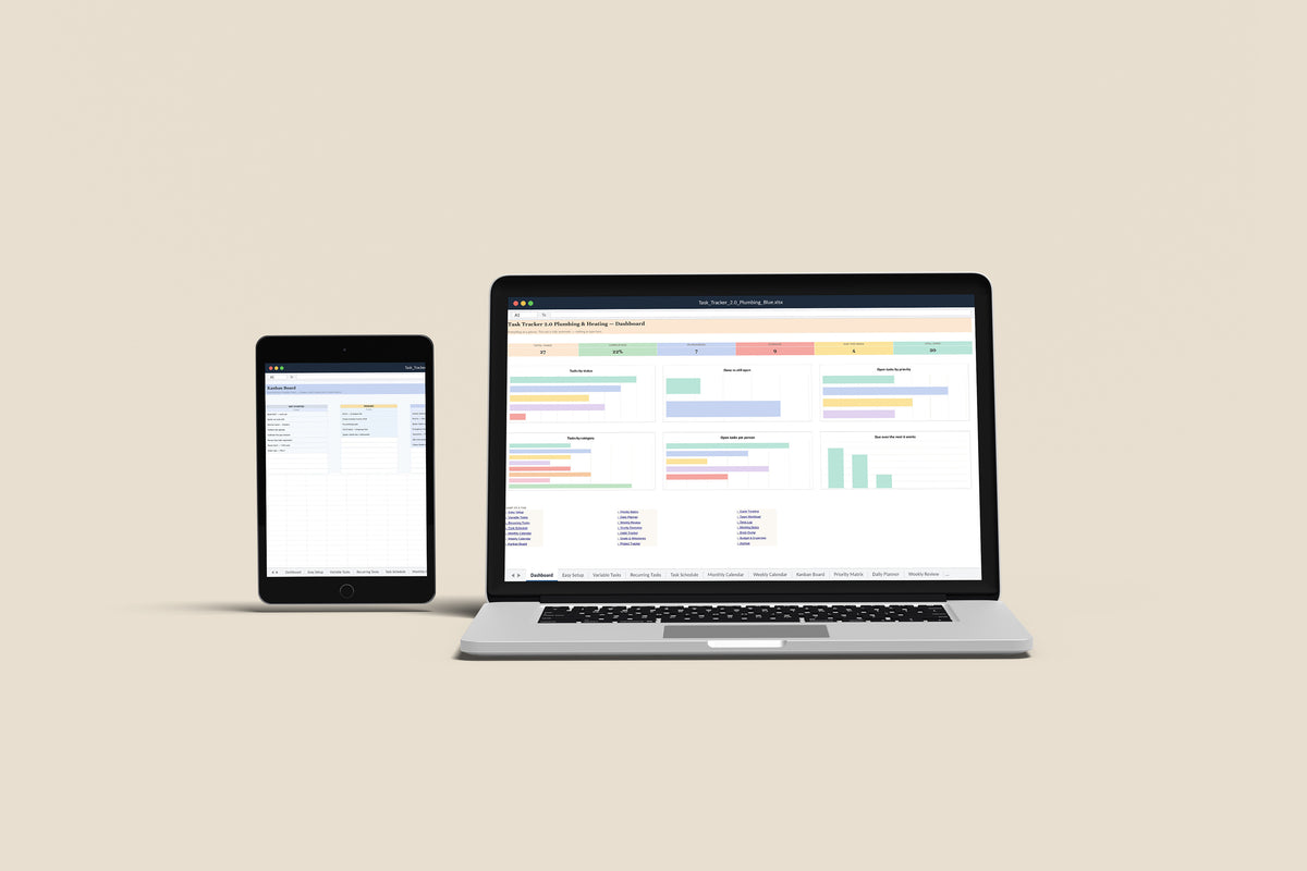 Task Tracker 2.0 - Plumbing Excel template on a MacBook and iPad