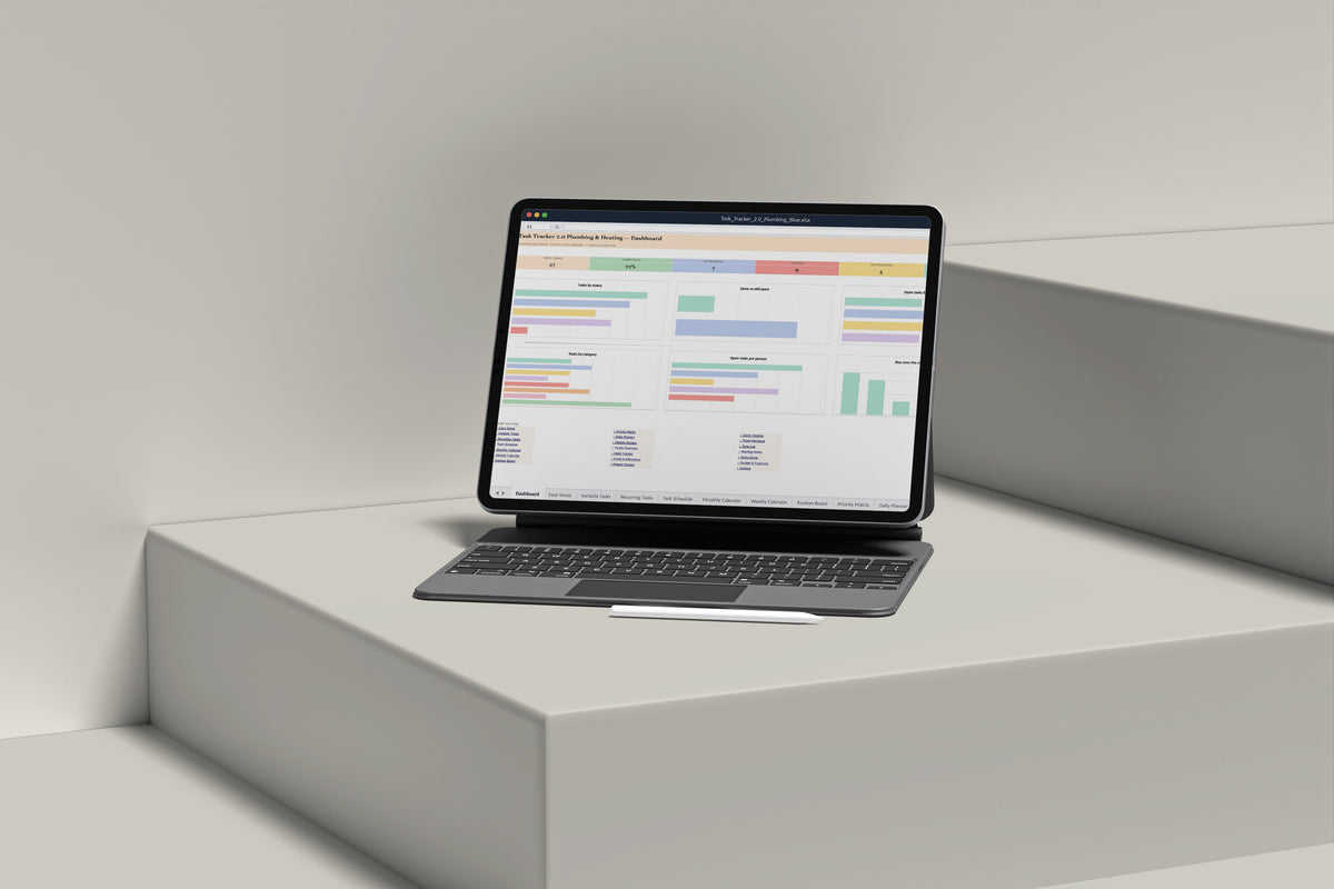 Task Tracker 2.0 - Plumbing Excel template on an iPad with keyboard