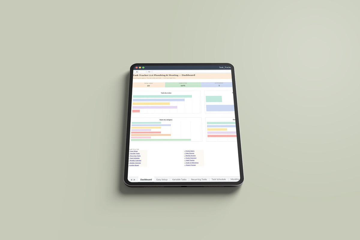Task Tracker 2.0 - Plumbing Excel template on an iPad Pro