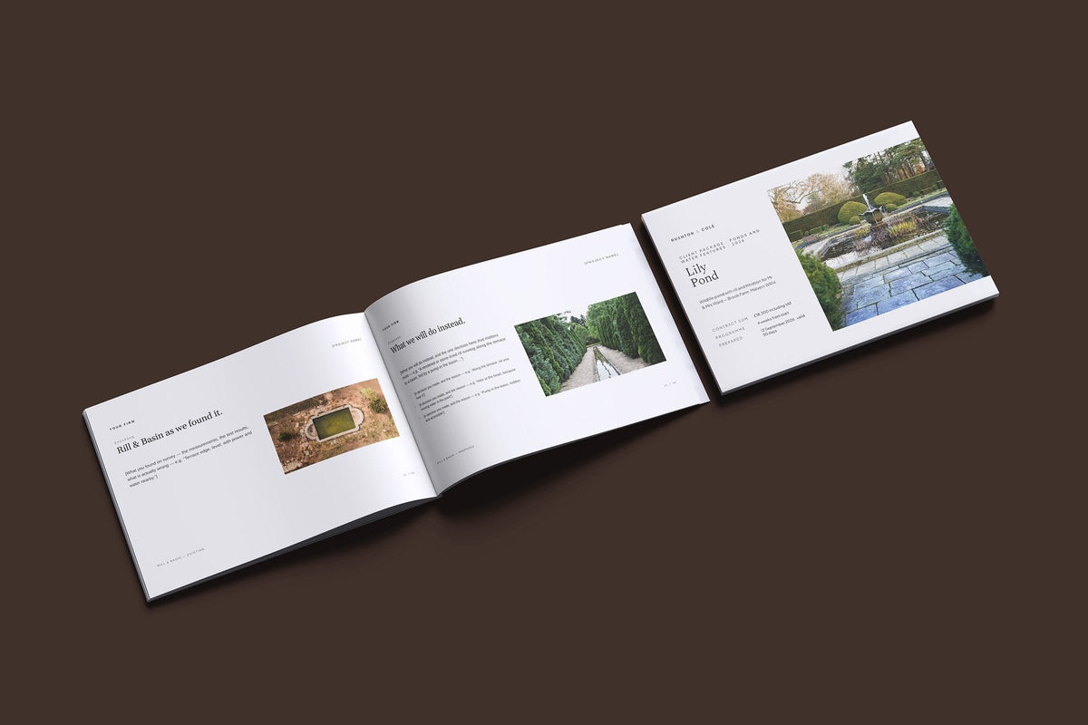 Ponds and Water Features Client Package, Ivory colourway, cover and inside spread mockup