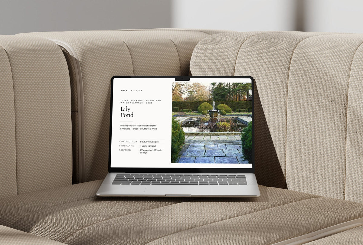 Ponds and Water Features Client Package, Ivory colourway, laptop screen mockup