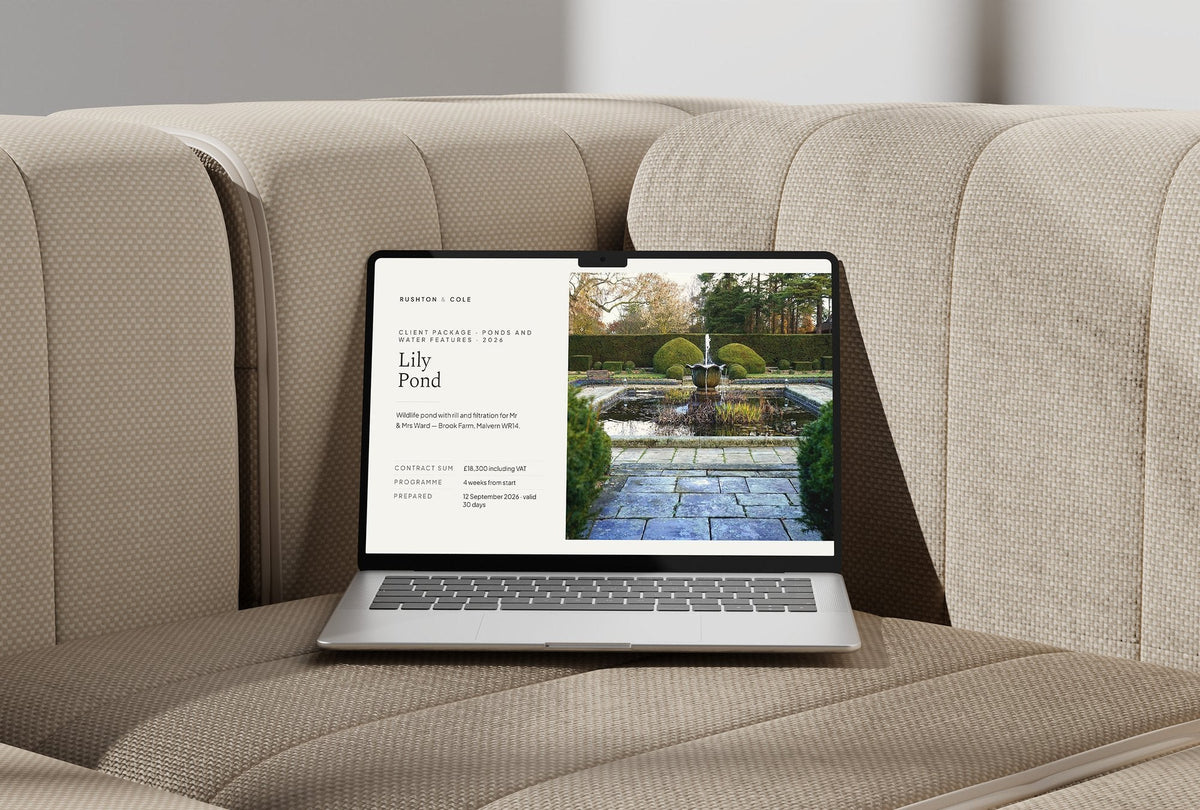 Ponds and Water Features Client Package, Oat colourway, laptop screen mockup