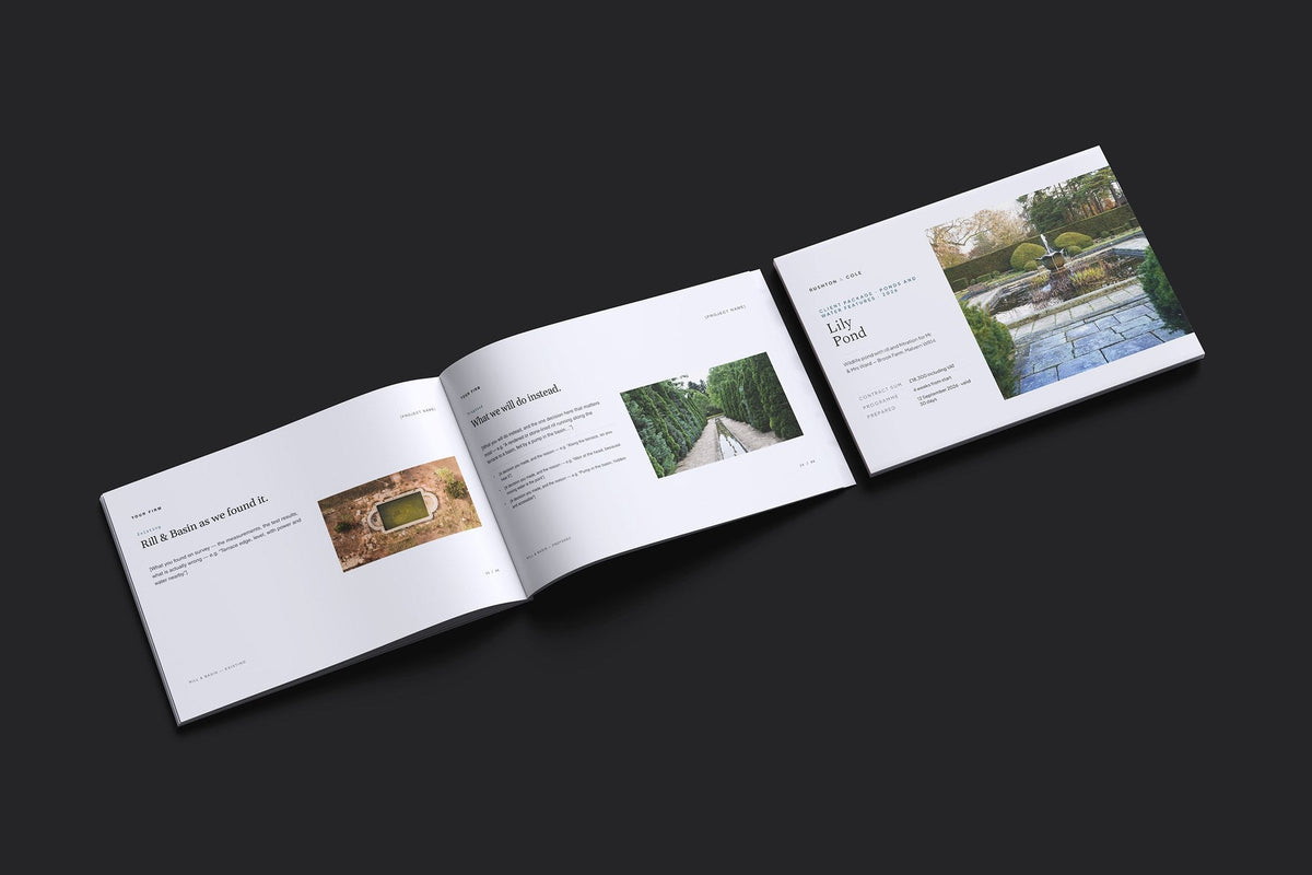 Ponds and Water Features Client Package, Slate colourway, cover and inside spread mockup