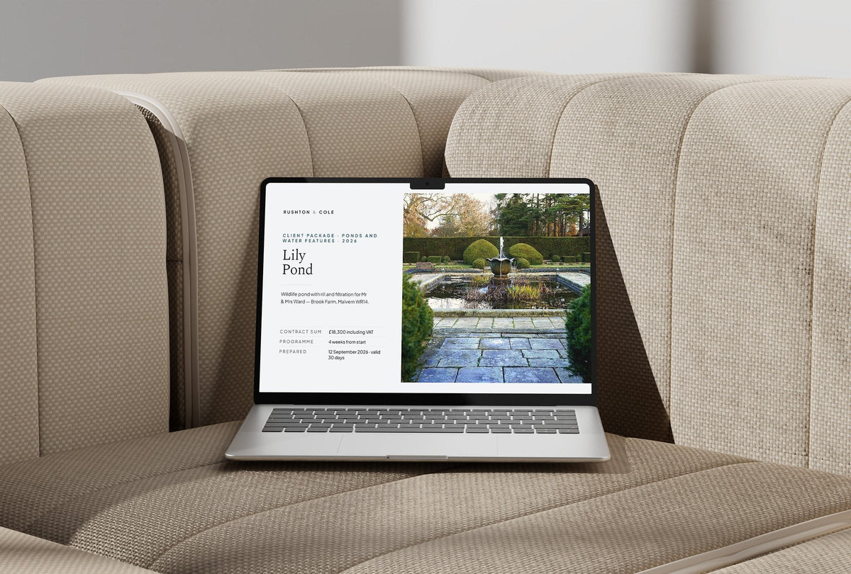Ponds and Water Features Client Package, Slate colourway, laptop screen mockup