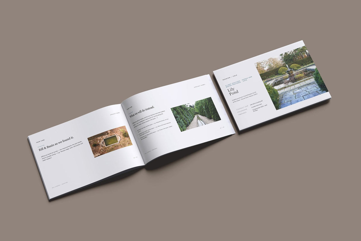 Ponds and Water Features Client Package, Standard colourway, cover and inside spread mockup
