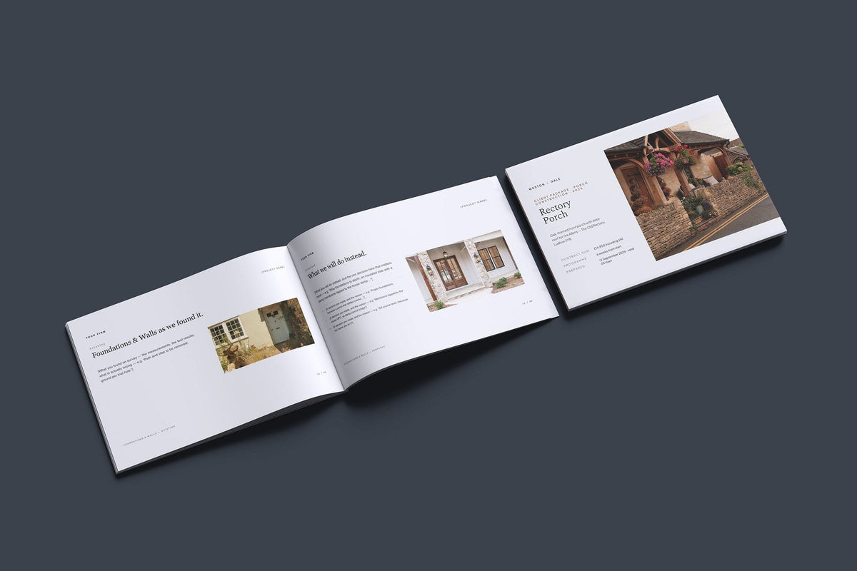 Porch Client Package, Slate colourway, cover and inside spread mockup