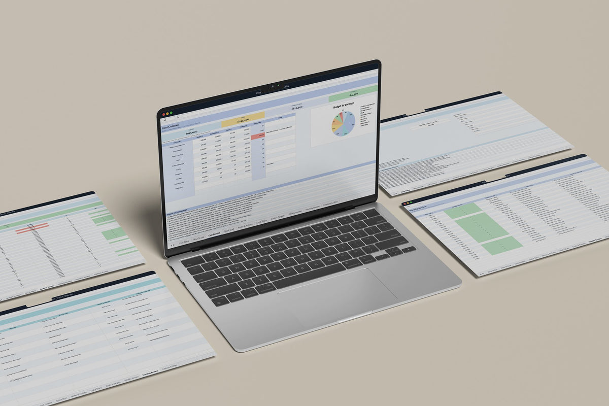 Project Cost Tracker Excel template, Cost Control tab on a laptop screen