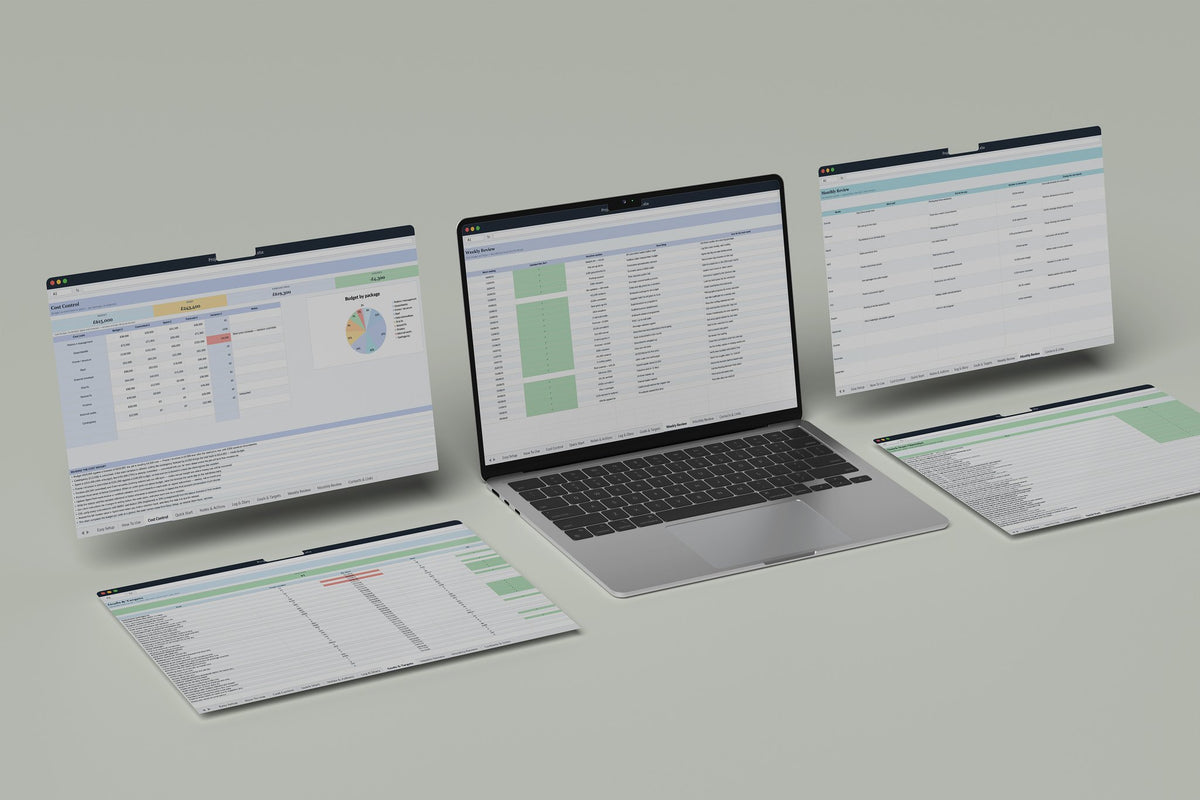 Project Cost Tracker Excel template, Weekly Review tab on a laptop screen
