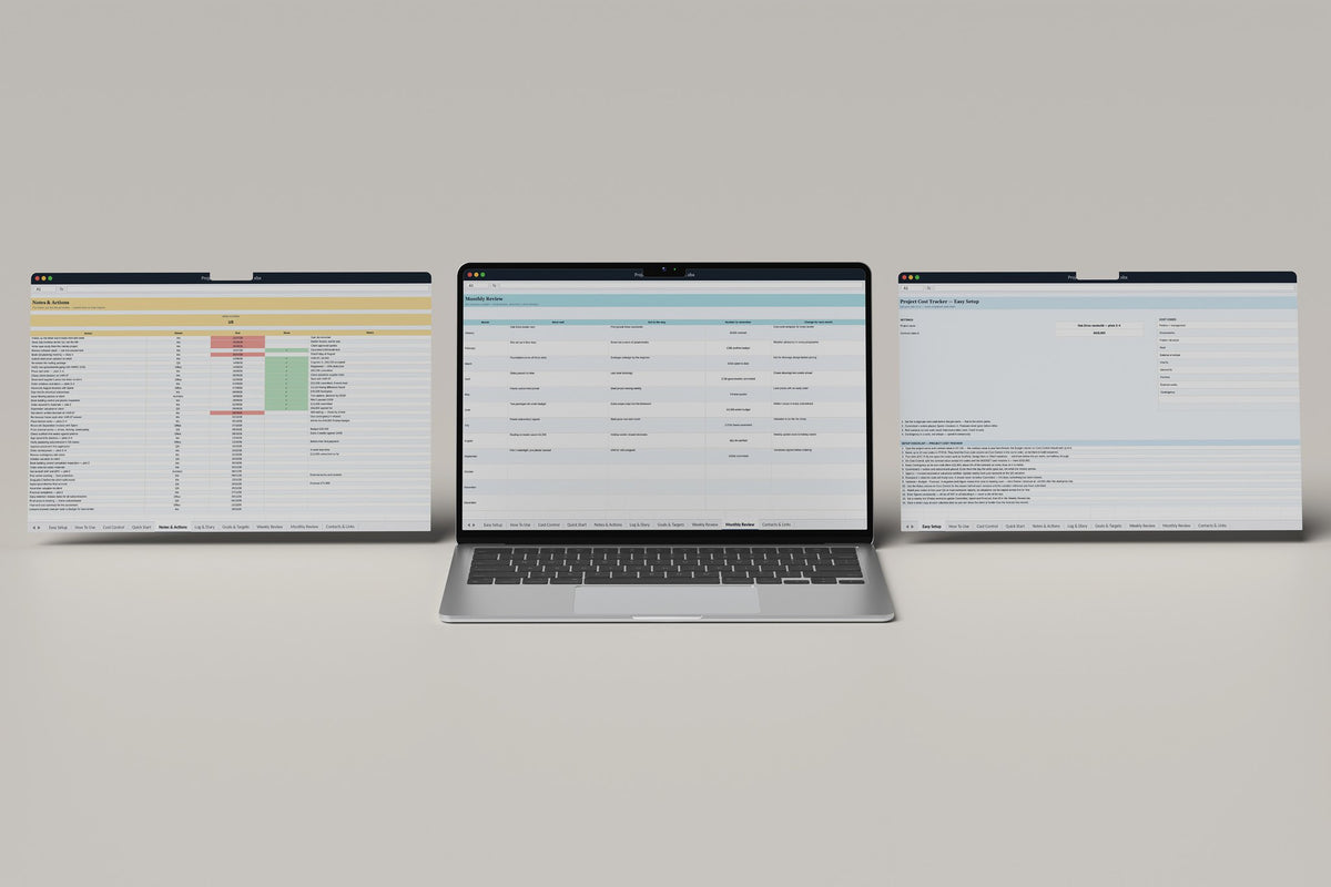 Project Cost Tracker Excel template, Monthly Review tab on a laptop screen
