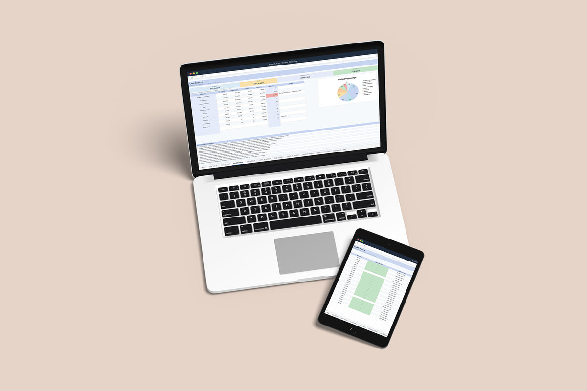 Project Cost Tracker Excel template on a MacBook and iPad