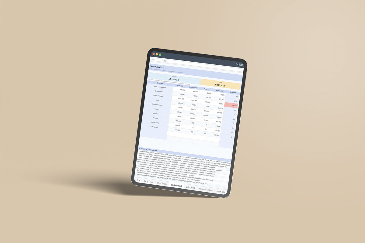 Project Cost Tracker Excel template on an iPad Pro