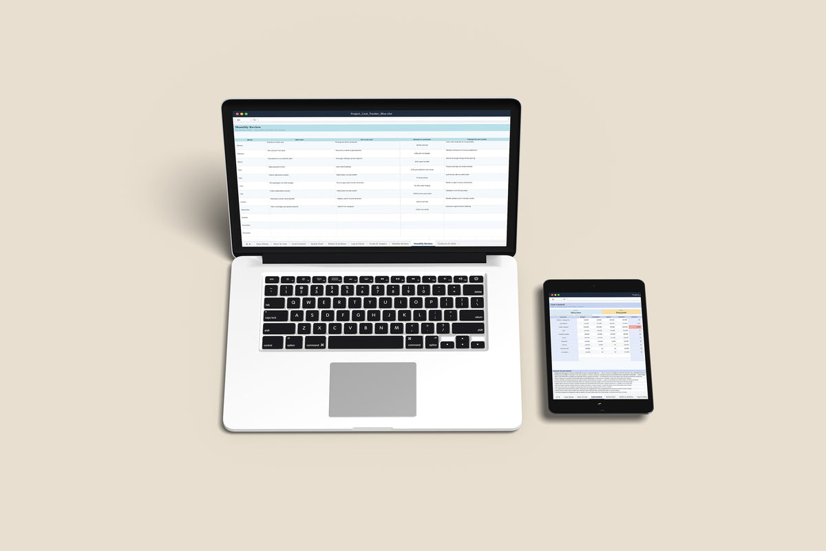 Project Cost Tracker Excel template on a MacBook and iPad, second view