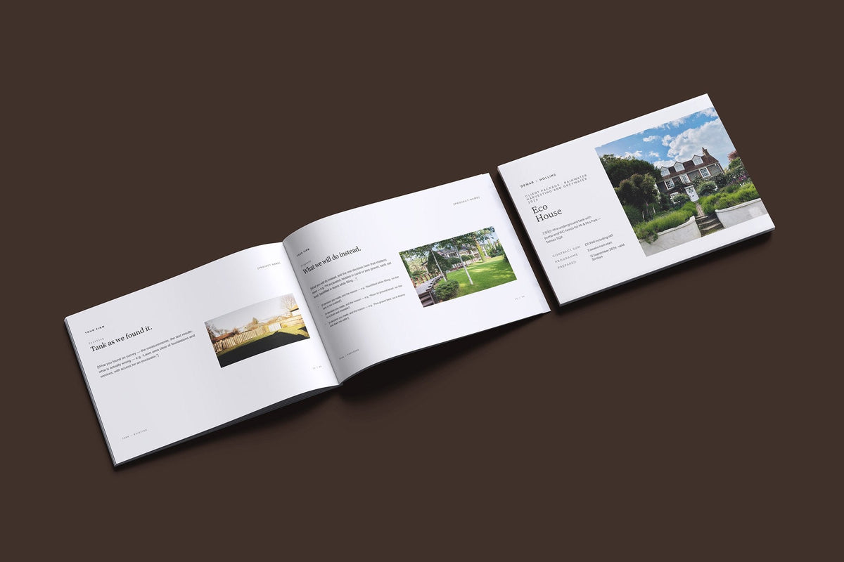 Rainwater Harvesting Client Package, Ivory colourway, cover and inside spread mockup