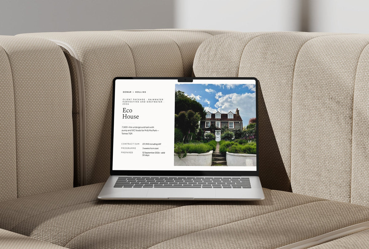 Rainwater Harvesting Client Package, Ivory colourway, laptop screen mockup