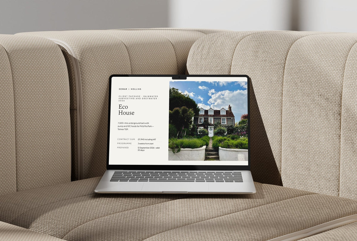 Rainwater Harvesting Client Package, Oat colourway, laptop screen mockup