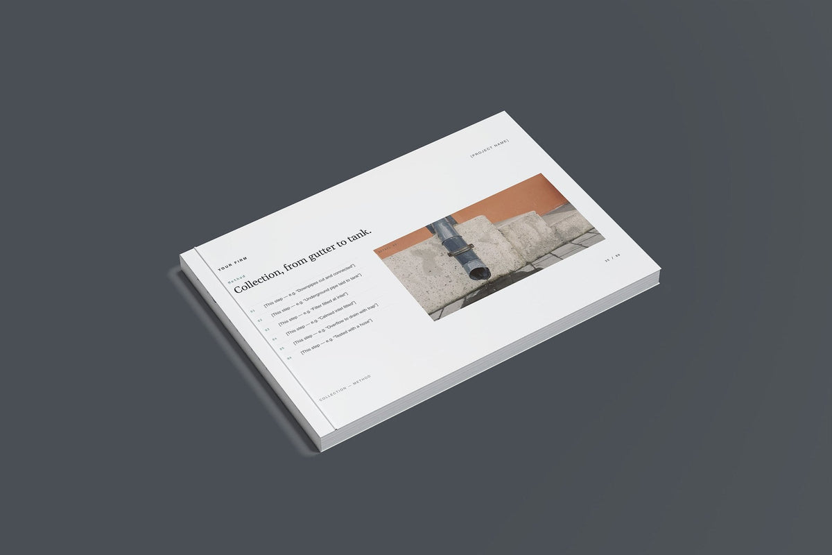 Rainwater Harvesting Client Package, Slate colourway, closed magazine mockup