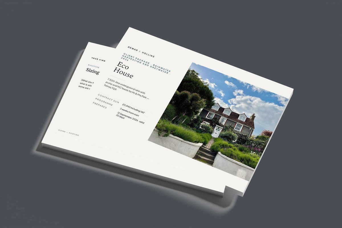 Rainwater Harvesting Client Package, Standard colourway, stacked books mockup