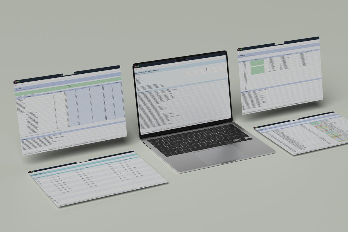 Rate Card Builder Excel template, Easy Setup tab on a laptop screen