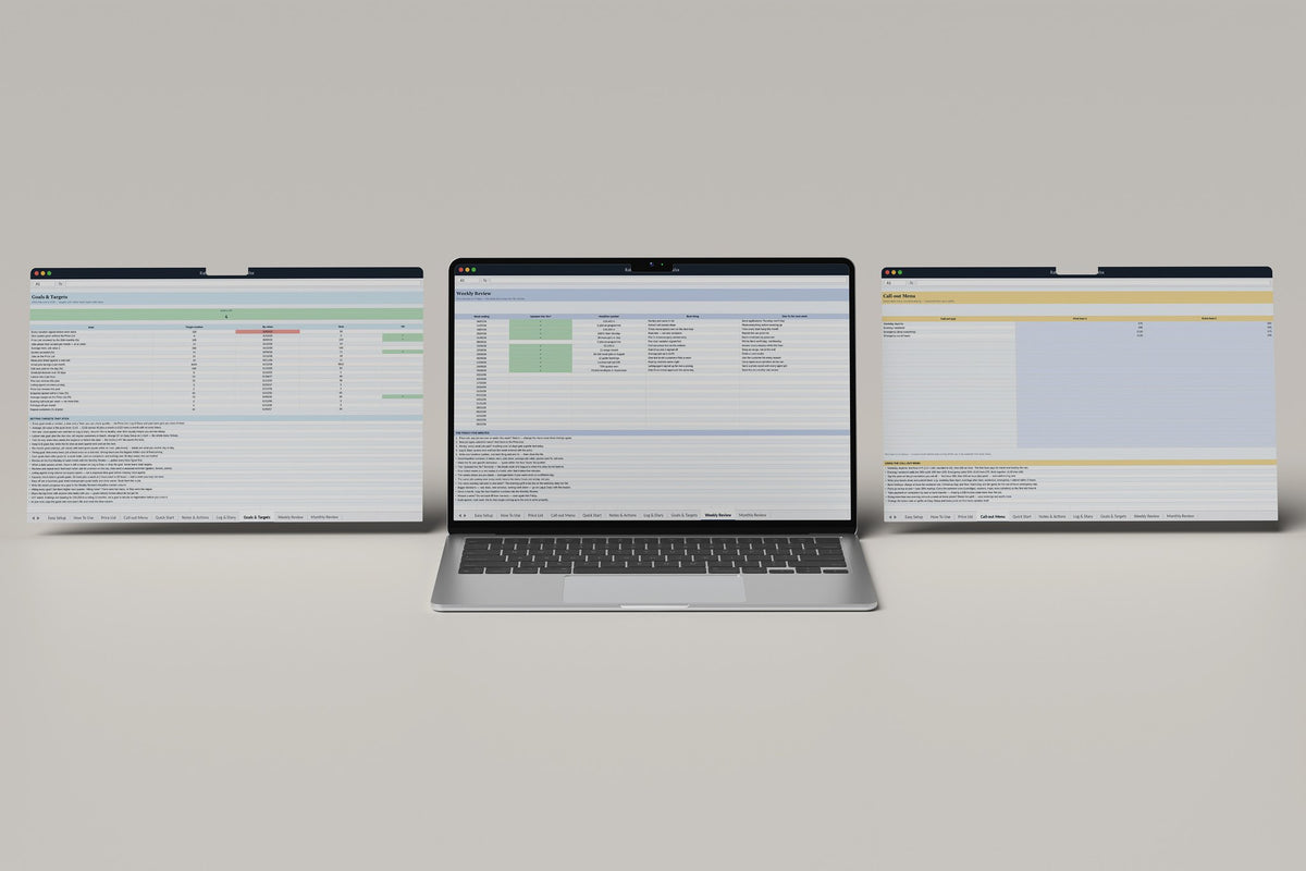 Rate Card Builder Excel template, Weekly Review tab on a laptop screen
