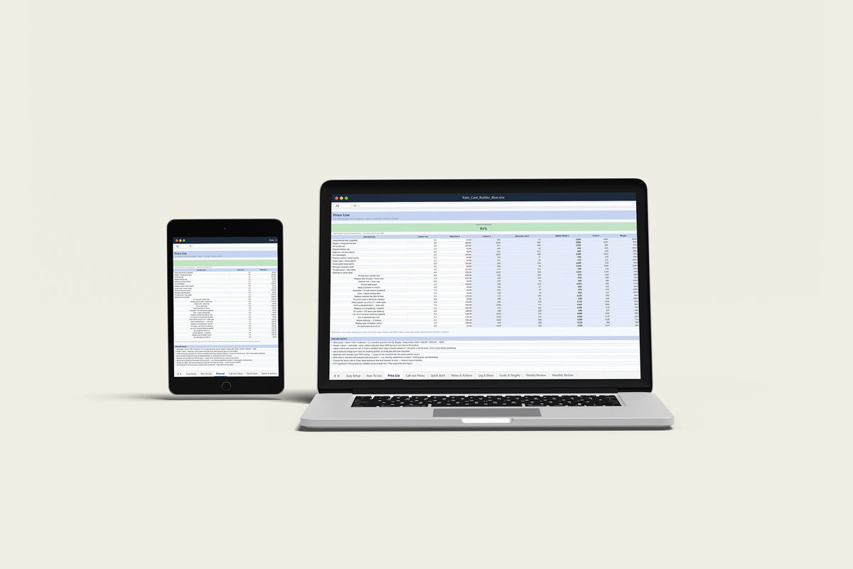 Rate Card Builder Excel template on a MacBook and iPad, second view