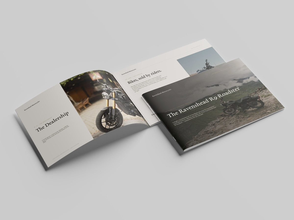 Motorcycle Dealer Customer Pack in PowerPoint, printed and open at the first pages
