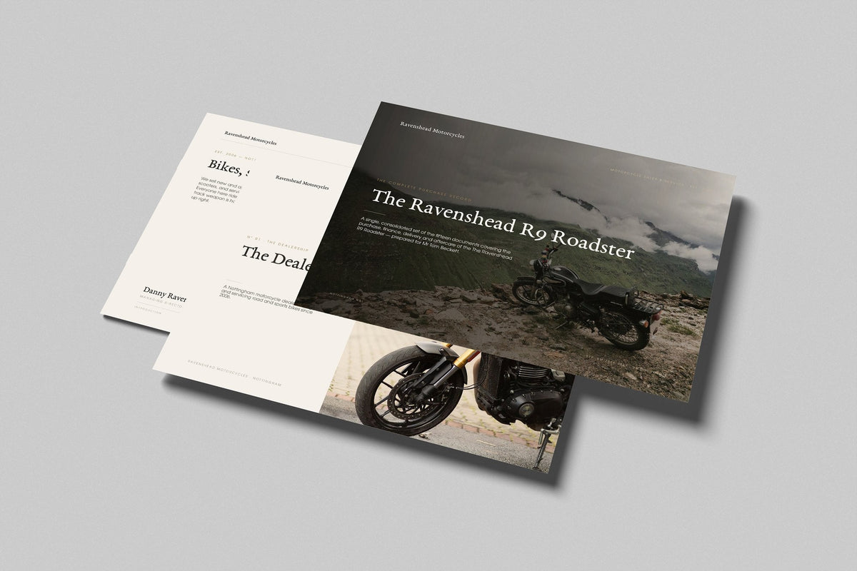 Motorcycle Dealer Customer Pack in PowerPoint, printed pages floating