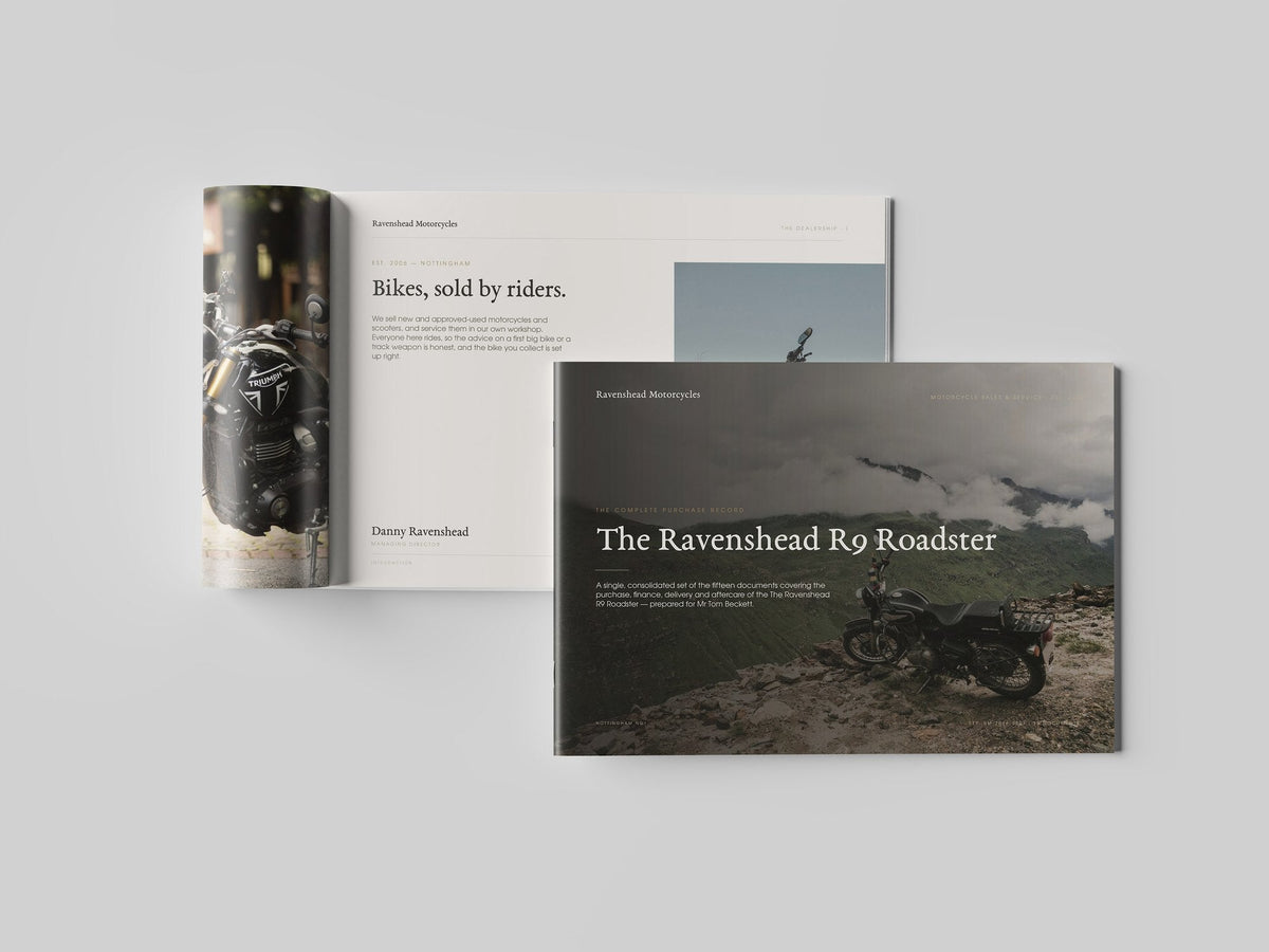 Motorcycle Dealer Customer Pack in PowerPoint, printed and open at an inside page