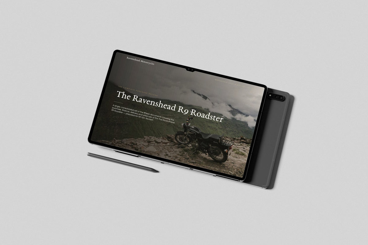 Motorcycle Dealer Customer Pack in PowerPoint, shown on a tablet