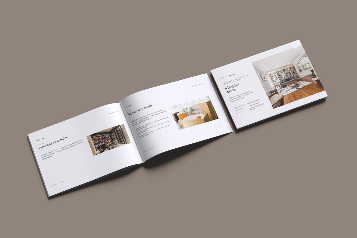 Removals and Storage Client Package, Ivory colourway, cover and inside spread mockup