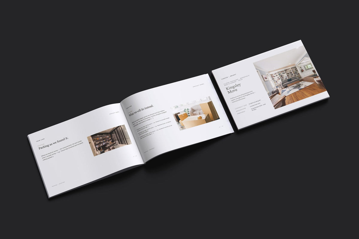 Removals and Storage Client Package, Oat colourway, cover and inside spread mockup