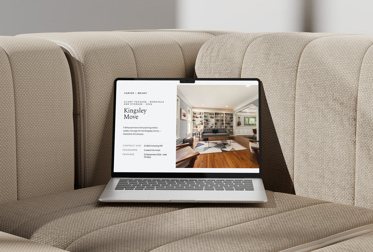 Removals and Storage Client Package, Slate colourway, laptop screen mockup