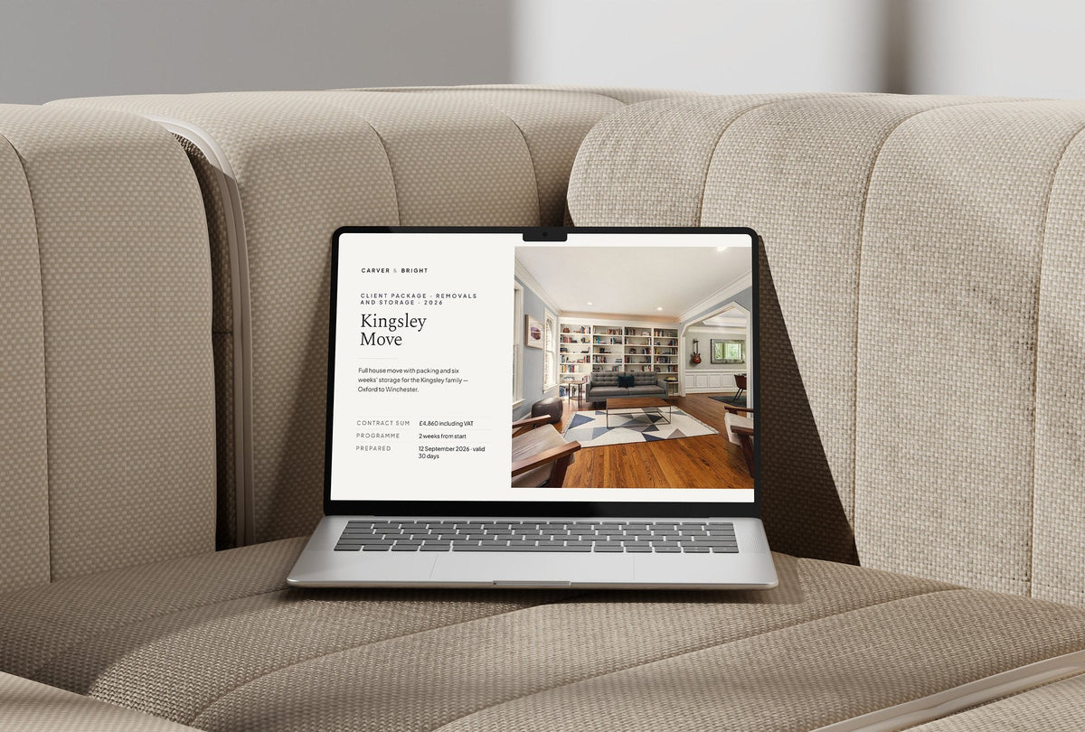Removals and Storage Client Package, Standard colourway, laptop screen mockup