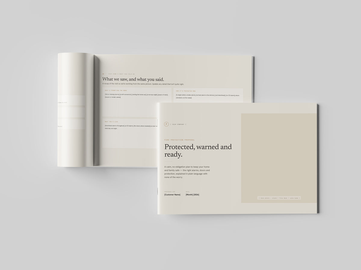 Beige Residential Fire Protection Proposal Template in PowerPoint, printed and open at an inside page