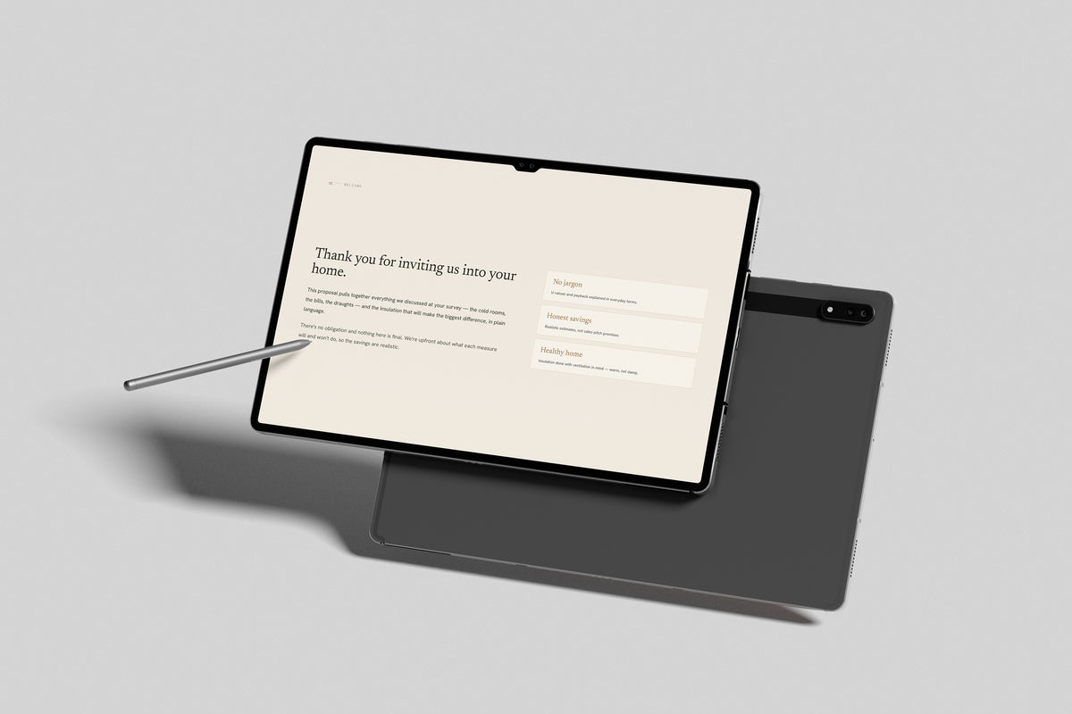 Beige Residential Insulation Proposal Template in PowerPoint, inside pages shown on a tablet